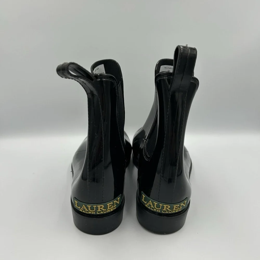 Ralph Lauren Tally Rain Boots Black Patent Leather‎ Chelsea Ankle Booties 8B